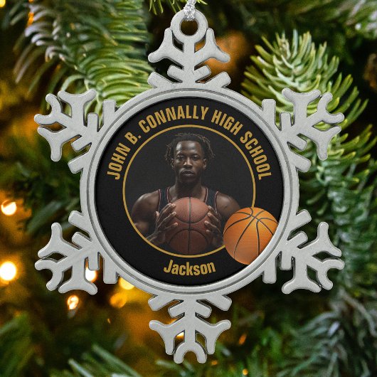 Custom Basketball Player Photo Black Gold Tin Sneeuwvlok Ornament