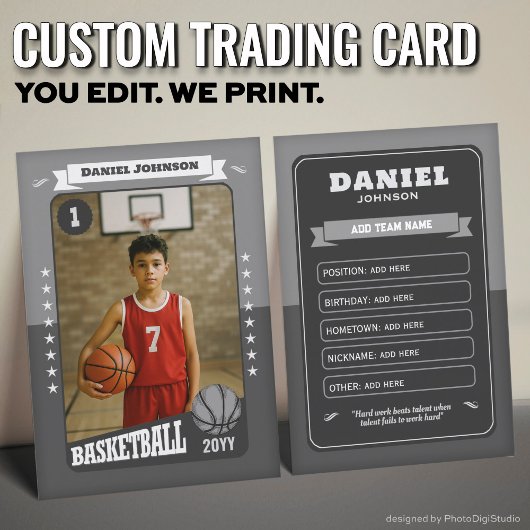 Custom Basketball Trading Card, Gray Retro Player Contactkaartje