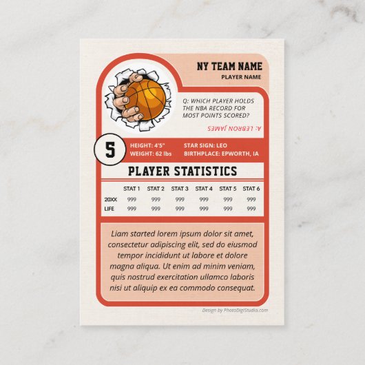 Custom Basketball Trading Card, Retro Player Card Contactkaartje (Achterkant)
