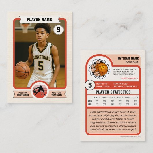 Custom Basketball Trading Card, Retro Player Card Contactkaartje (Voorkant / Achterkant)