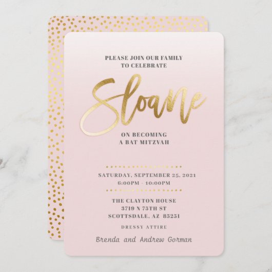 CUSTOM Bat Mitzvah Invite bord roze goud SLOANE Kaart (Voorkant / Achterkant)