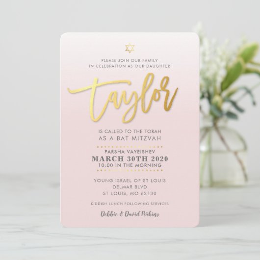 CUSTOM Bat Mitzvah Nodig bord roze goud TAYLOR Kaart (Staand voorkant)