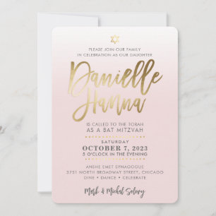 CUSTOM Bat Mitzvah Noteer bleek roze goud DANIELLE Kaart