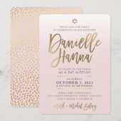 CUSTOM Bat Mitzvah Noteer bleek roze goud DANIELLE Kaart (Voorkant / Achterkant)