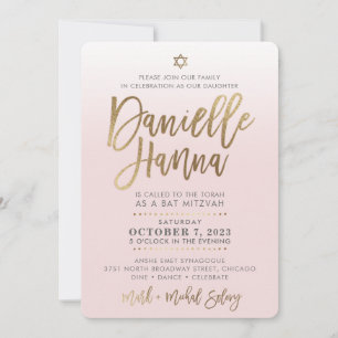 CUSTOM Bat Mitzvah Noteer bleek roze goud DANIELLE Kaart