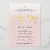 CUSTOM Bat Mitzvah Noteer bleek roze goud LILY MAY Folie Uitnodiging (Voorkant)
