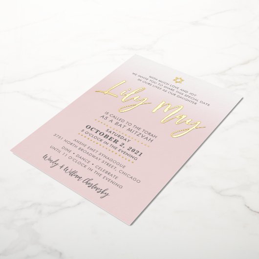 CUSTOM Bat Mitzvah Noteer bleek roze goud LILY MAY Folie Uitnodiging (Gedraaid)