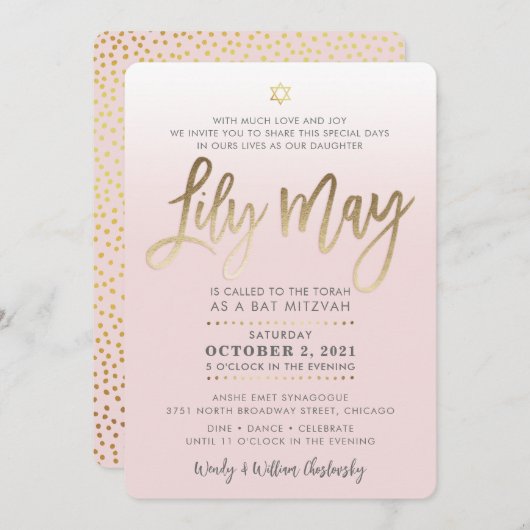 CUSTOM Bat Mitzvah Noteer bleek roze goud LILY MAY Kaart (Voorkant / Achterkant)