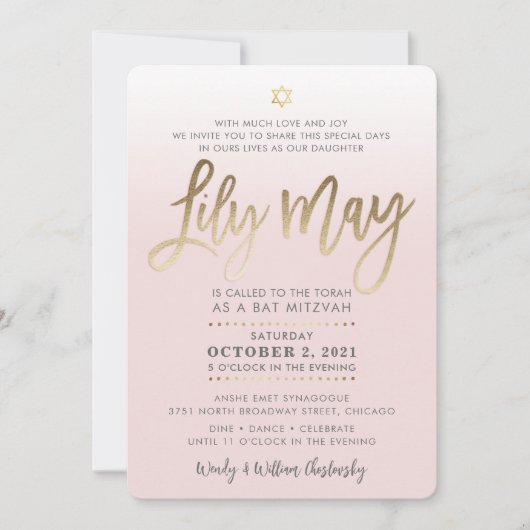 CUSTOM Bat Mitzvah Noteer bleek roze goud LILY MAY Kaart (Voorkant)