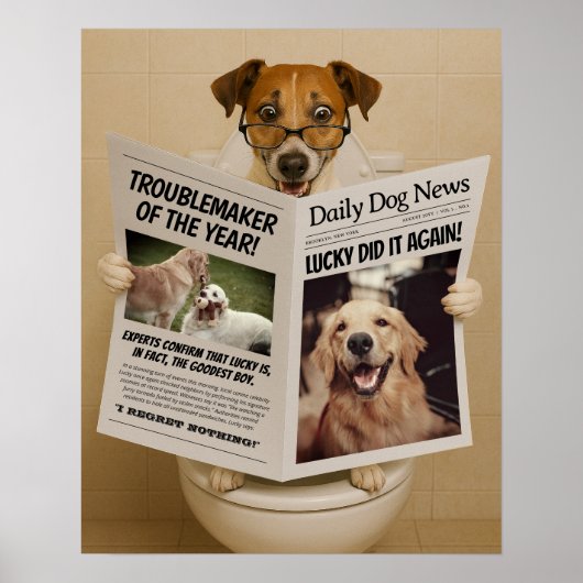 Custom Bathroom Decor, Editable Dog with Newspaper Poster (Voorkant)
