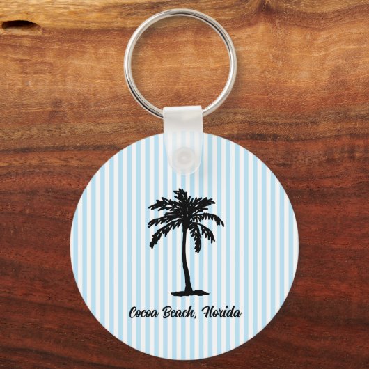 Custom Beach Palm Tree Nautical Blue Stripe Sleutelhanger (Voorkant)