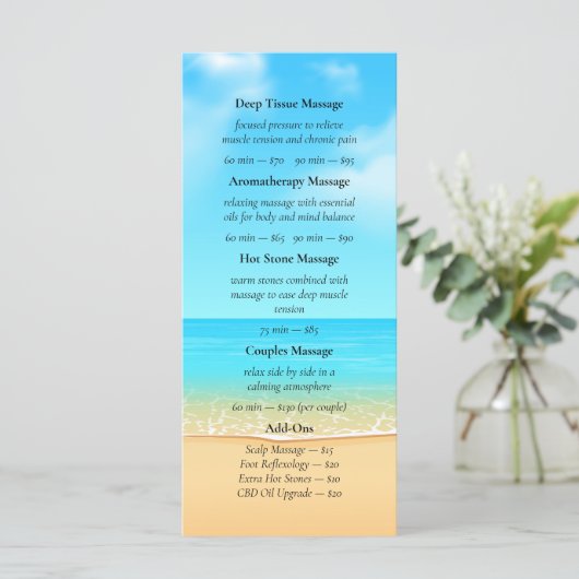 Custom Beach Spa Massage Services Menu Flyer (Staand voorkant)