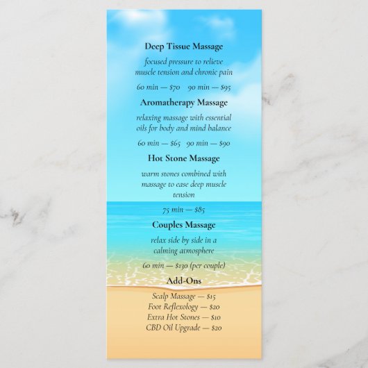 Custom Beach Spa Massage Services Menu Flyer (Voorkant)