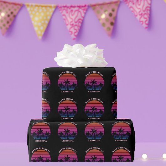 Custom Beach Sunset Palm Trees Birthday Cadeaupapier