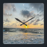 Custom Beach Sunset Wall Clock Ocean Waves Sand Vierkante Klok<br><div class="desc">Custom Beach Sunset Wall Clock Ocean Waves Sand Shore Photo Clock Coastal Home Decor Tropical Beach Landscape Clock Add Your Own Design</div>