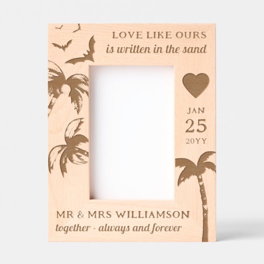 Custom Beach Wedding Tropical Palm Trees Wooden Gegraveerde Lijstjes (Voorkant)