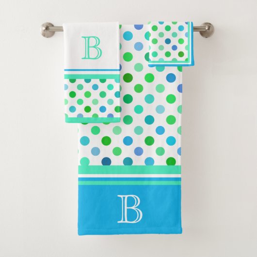 Custom Beachy Azure Blue Lime Green Polkadots Art Bad Handdoek (Insitu)