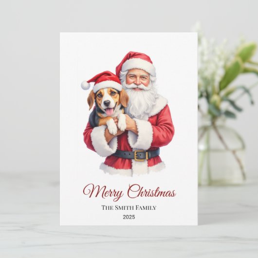 Custom Beagle Dog Santa Claus Christmas Feestdagenkaart (Staand voorkant)