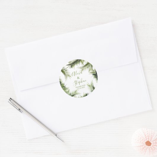 Custom Bedankt Palm Leaves Tropical Wedding Ronde Sticker (Envelop)