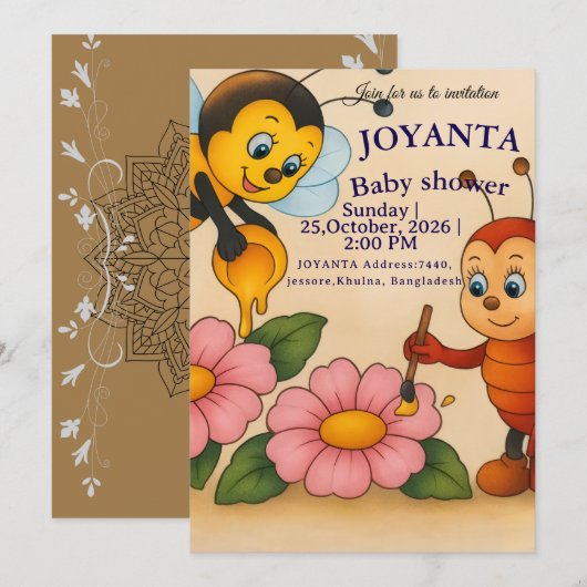 Custom bee baby shower kaart (Voorkant / Achterkant)