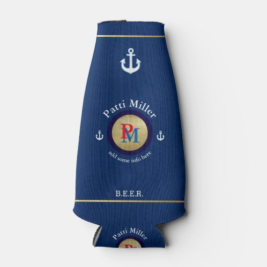Custom Beer Monogram (naam & initialen), nautisch Flesjeskoeler (Voorkant)