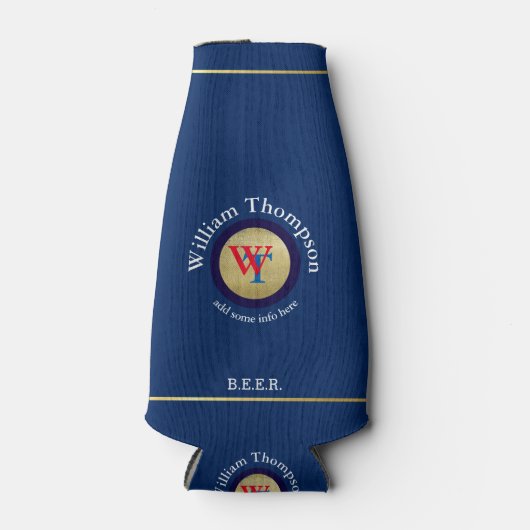 Custom Beer Monogram (naam & initialen) op blauw Flesjeskoeler (Voorkant)