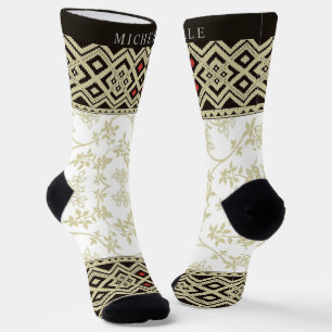 Custom Beige Wit Goud Rood Bloemen Aztec Patroon Sokken