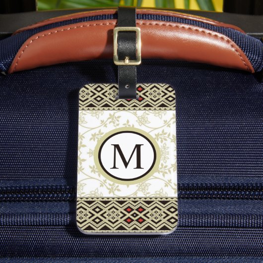 Custom Beige Wit Goud Zwart Bloemen Aztec Patroon Bagagelabel (Voorkant Insitu 2)