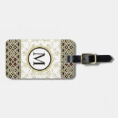 Custom Beige Wit Goud Zwart Bloemen Aztec Patroon Bagagelabel (Voorkant horizontaal)
