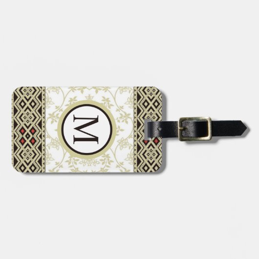 Custom Beige Wit Goud Zwart Bloemen Aztec Patroon Bagagelabel (Voorkant horizontaal)