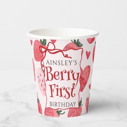 Custom Berry Eerste Coquette Roze Bow 1e Verjaarda Papieren Bekers (Voorkant)