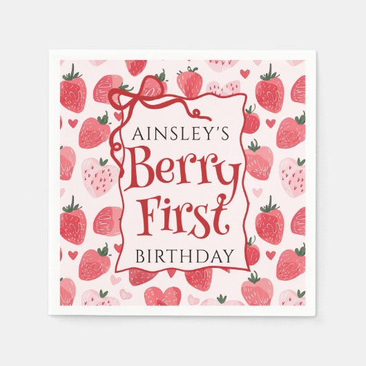 Custom Berry Eerste Coquette Roze Bow 1e Verjaarda Servet (Voorkant)