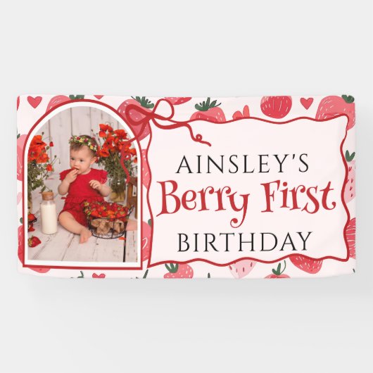 Custom Berry Eerste Coquette Roze Bow 1e Verjaarda Spandoek (Horizontaal)