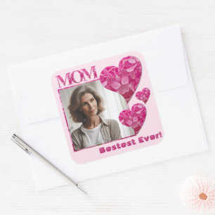 Custom beste mam ooit foto bloemig hart roze vierkante sticker
