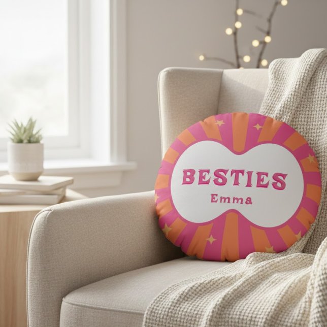 Custom "Besties" Sunburst Personalized Pillow – Em Rond Kussen (Creator heeft geüpload)