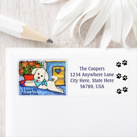 Custom Bichon Frise Hond Art Retouradres Labels (Insitu)