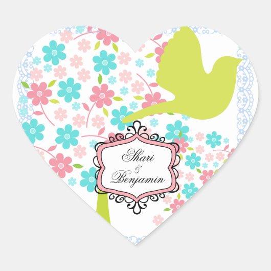 Custom Bird and Blossoming Trees Heart Stickers (Voorkant)