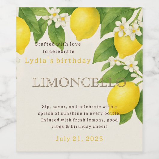 Custom Birthday Limoncello Bottle Label Wijn Etiket (Enkel label)