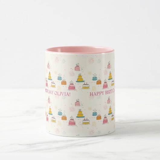 Custom Birthday Mug – Floating Cakes & Confetti Mok (Midden)