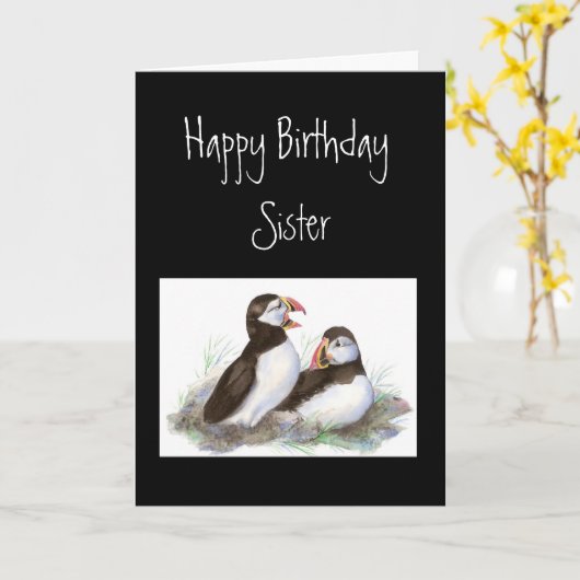 Custom Birthday, Sister, Cute Puffins Bird Nature Kaart (Gele Bloem)
