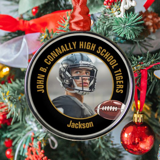 Custom Black Gold Football Player Photo Christmas Metalen Ornament