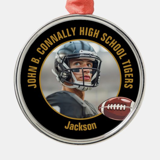 Custom Black Gold Football Player Photo Christmas Metalen Ornament (Voorkant)