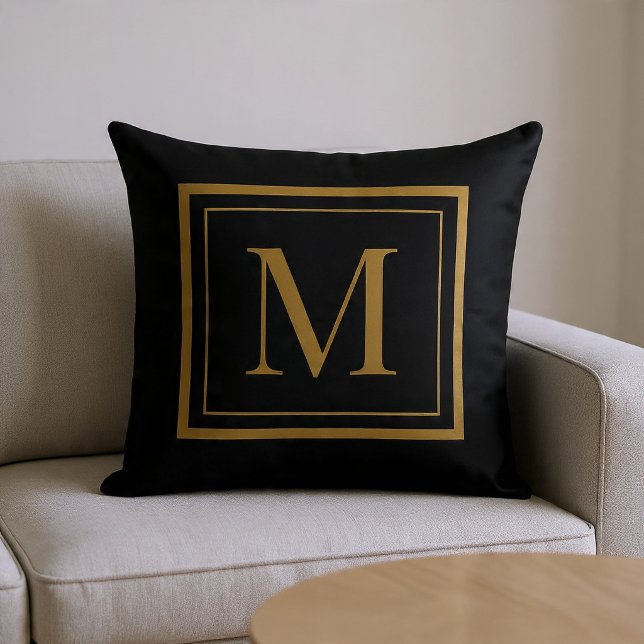 Custom Black & Gold Framed Monogram Throw Pillow Kussen (Creator heeft geüpload)
