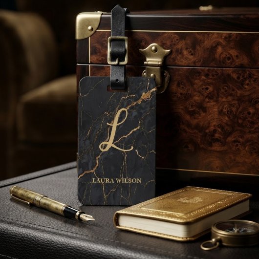 Custom Black & Gold Marble Monogram Bagagelabel