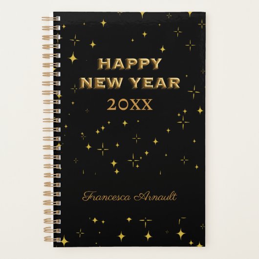 Custom Black & Gold Stars Gelukkig Nieuwjaar Planner (Voorkant)