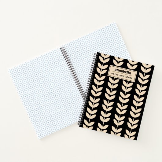 Custom Black Retro Vibe Leaf Pattern Monogram Notitieboek (Binnen)