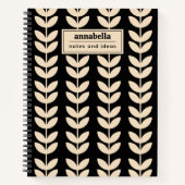 Custom Black Retro Vibe Leaf Pattern Monogram Notitieboek (Voorkant)