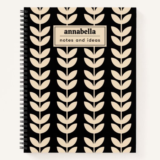 Custom Black Retro Vibe Leaf Pattern Monogram Notitieboek (Voorkant)