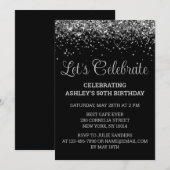 Custom Black & Silver Glitter 50th Birthday Party Kaart (Voorkant / Achterkant)