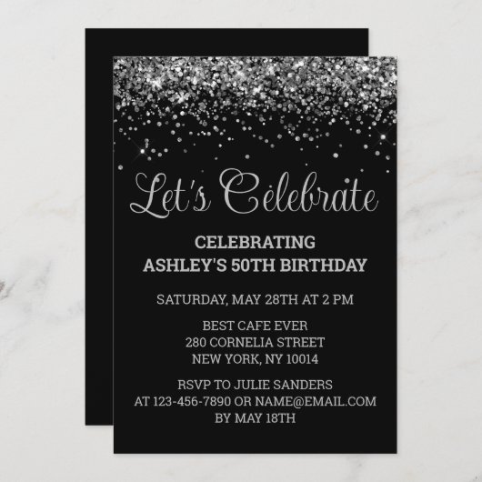Custom Black & Silver Glitter 50th Birthday Party Kaart (Voorkant / Achterkant)